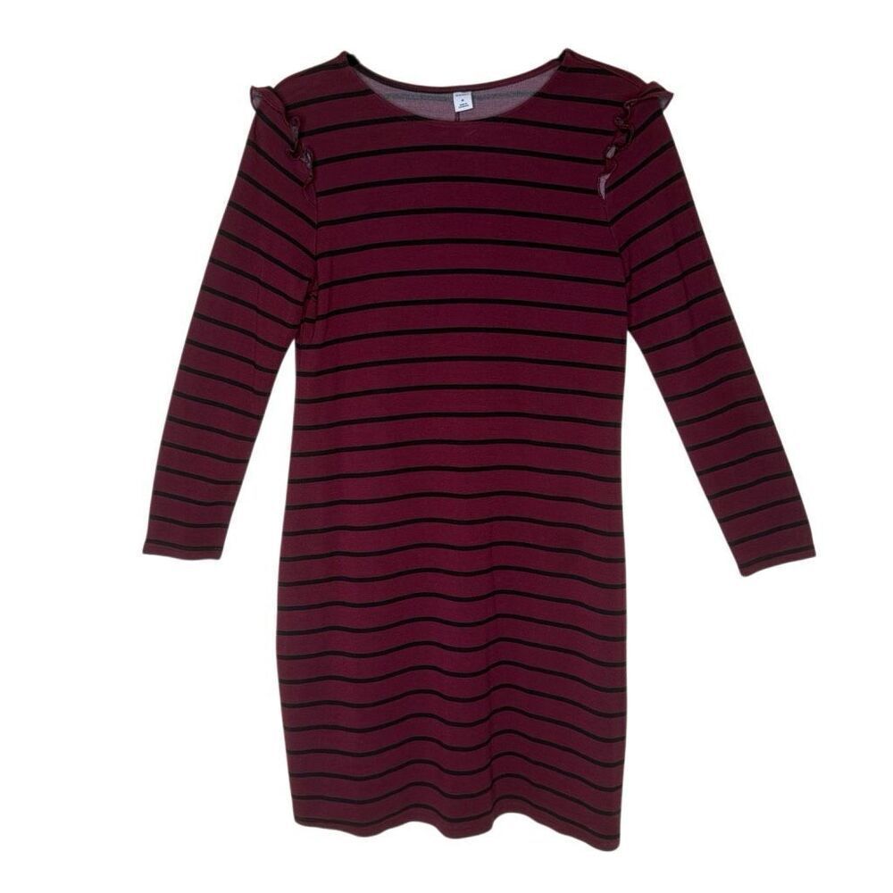 Old Navy Burgundy Striped Ruffle Shoulder Long Sleeve Casual T Shirt Dress SizeM